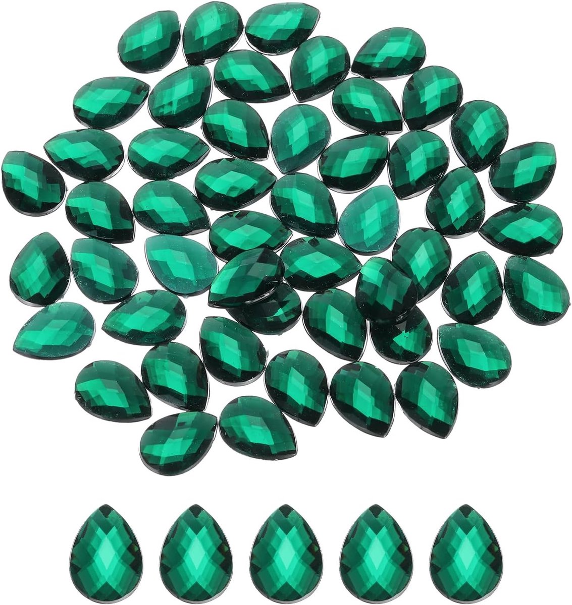 50 stuks acryl druppeledelstenen met platte achterkant, 13 x 18 mm, kunststenen om te knutselen, sieraden, gezichtsbeschildering, bruiloft, donkergroen