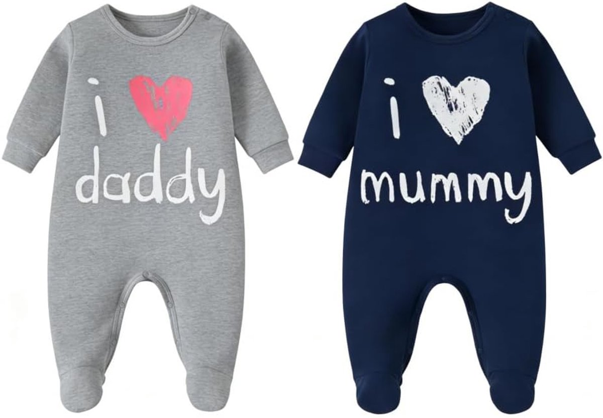 Set van 2 babypyjama's, katoen, I Love Mummy Daddy, rompertje | Jumpsuit met lange mouwen en voetjes, uniseks, pasgeborenen, jongens en meisjes, 0-18 maanden