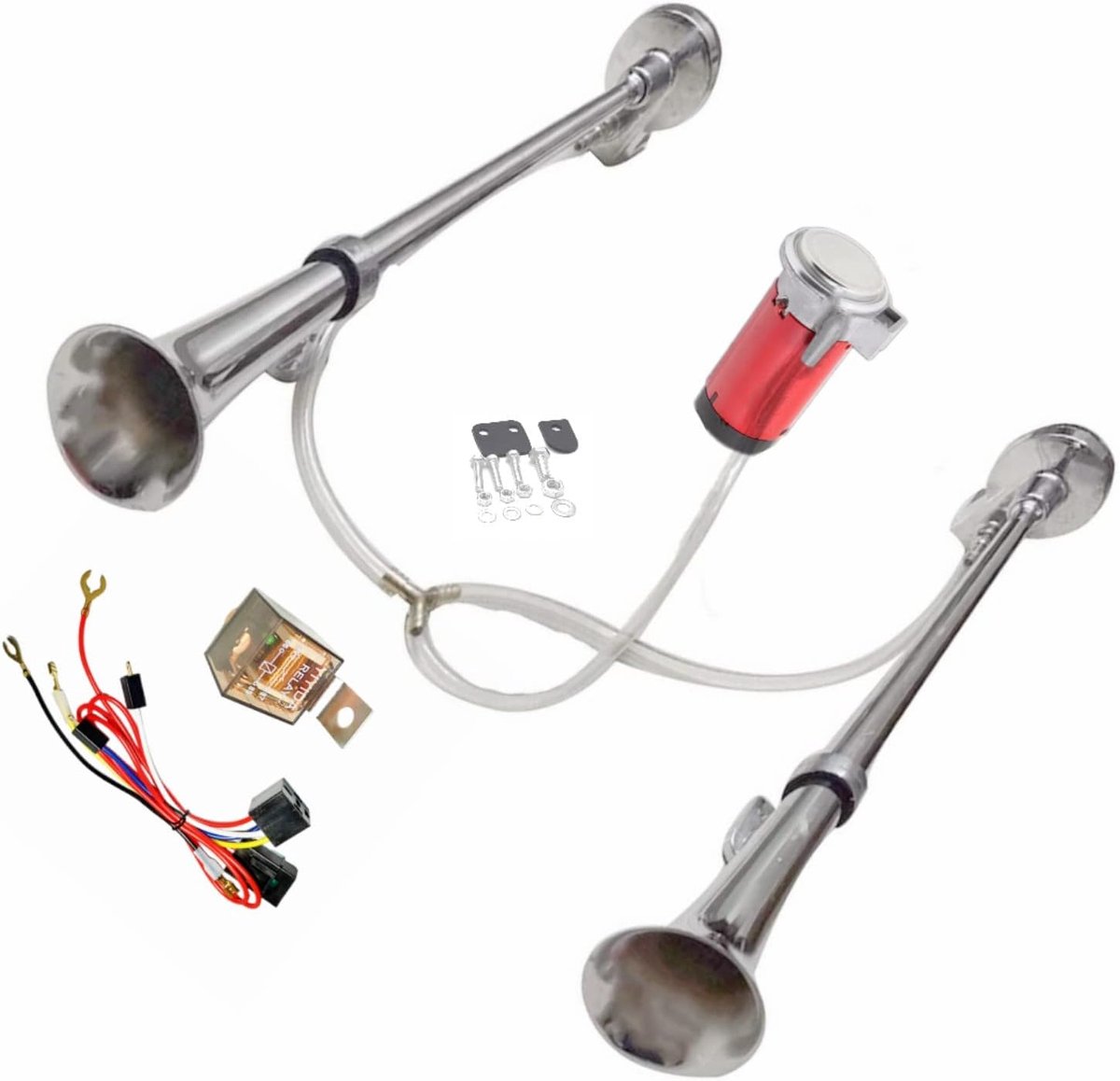 Hoorn Luchthoorn Elektrische Hoorn 12 V Schip Hoorn Zink Chrome Zilver Tweelinghoorn Dubbele buis Kit 170Db Auto Hoorn Truck Hoorn Alarm hoorn Speaker met rode Luchtpomp voor 12 V Auto vrachtwagen moto schip SUV etc