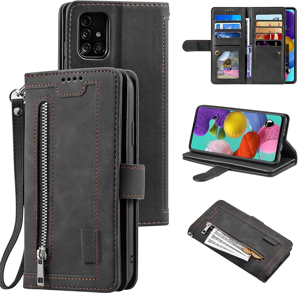 Portemonnee-hoes voor Samsung Galaxy A53 5G, retro handtas met 9 kaartsleuven en ritsvak PU-lederen magnetische sluiting, kickstand met polsband, schokbestendige TPU-flipcase - Zwart