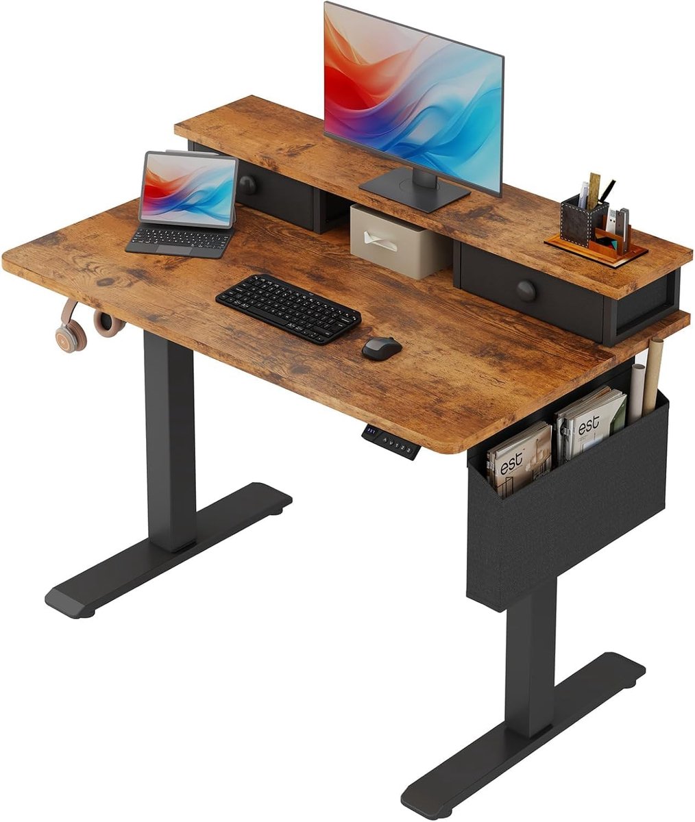 Elektrisch in hoogte verstelbaar bureau 100 x 60 cm met lade, ergonomische sta-zittafel met geheugenfunctie, stalen frame, gamingtafel, computertafel, bruin