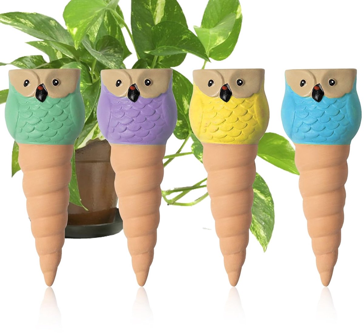 Klei, set van 4, plantenirrigatiepalen, automatische plantenirrigatie voor vakantie, plantenbewateringsapparaten, voor binnen- en buitenplanten, uil