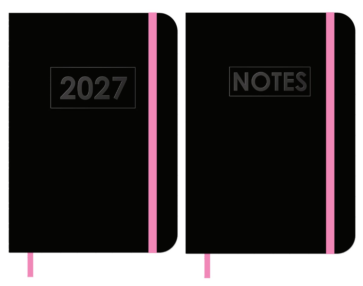 MGPcards - A6 Agenda 2027 - Weekoverzicht 1w/2p - Zwart + Roze elastiek - 10,5 x 14,8 cm + Notitieboekje/opschrijfboekje - gelinieerd - 80 pagina's - A6 - Zwart-Roze