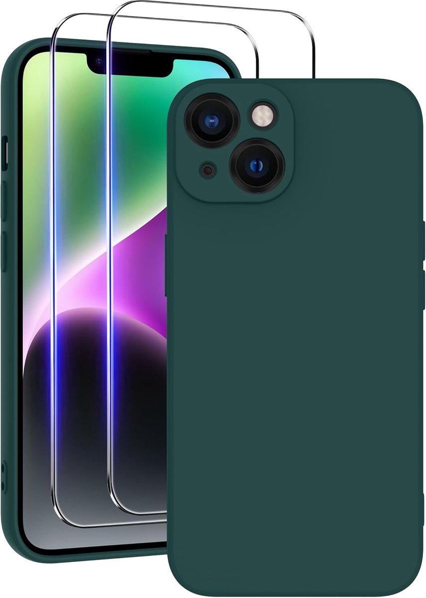 Beschermhoes voor iPhone 14, donkergroen | 2 stuks gehard glas, van siliconen met voering van zachte microvezel, schokbestendig, volledige cover