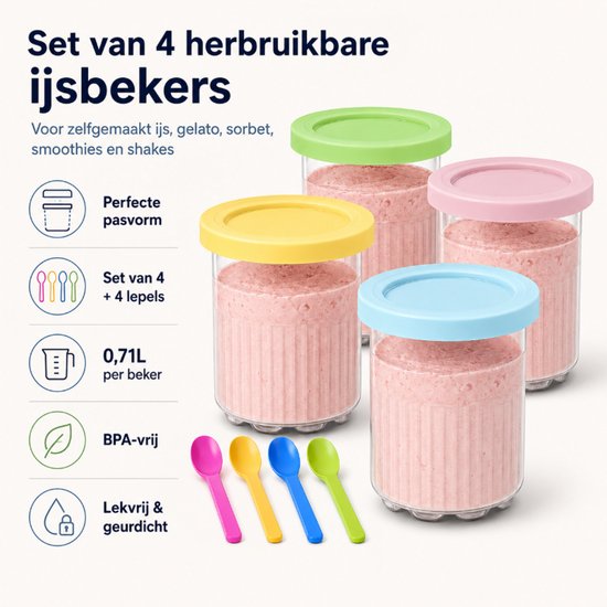 Set van 4 Ijsbekers Geschikt voor Ninja Creami - Herbruikbare Ijscontainers met Deksels en Lepels - Compatibel met NC300, NC301 & NC299AMZ Serie - 0.71L - BPA-Vrij — afbeelding 2
