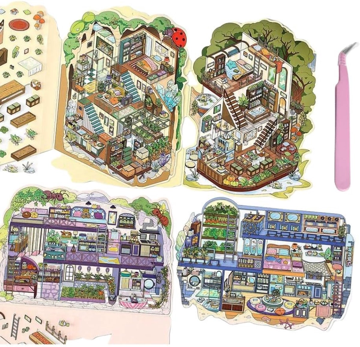 4 sets 3D DIY stickerscènes voor volwassenen tieners fysiotherapie stress verlichten, cartoons DIY 3D huisstickers maken gezellige mini-kamer boomgat, hut ondergrondse toevlucht