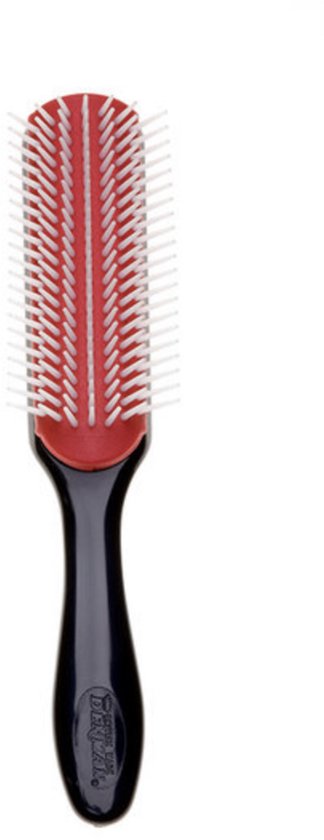 Denman D3 stylingborstel met rode kop en witte borstelharen, zwart handvat met Denman-logo.