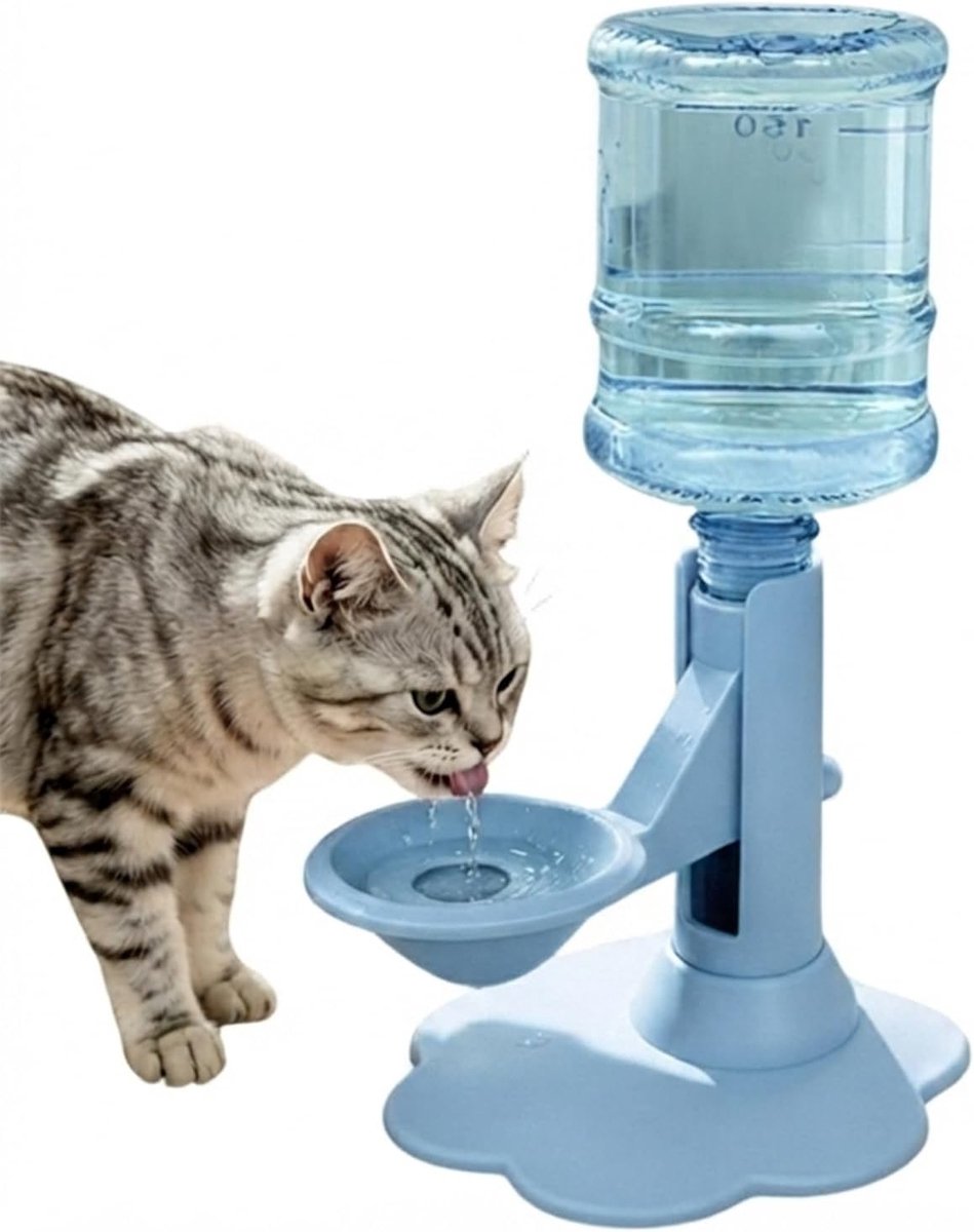 Standaard voor drinkbak voor katten – In hoogte verstelbare standaard met morsbestendige drinkbak; met automatische watervoorziening; afneembaar en eenvoudig te reinigen; geschikt voor binnen en buiten (blauw; inclusief voet en waterfles)