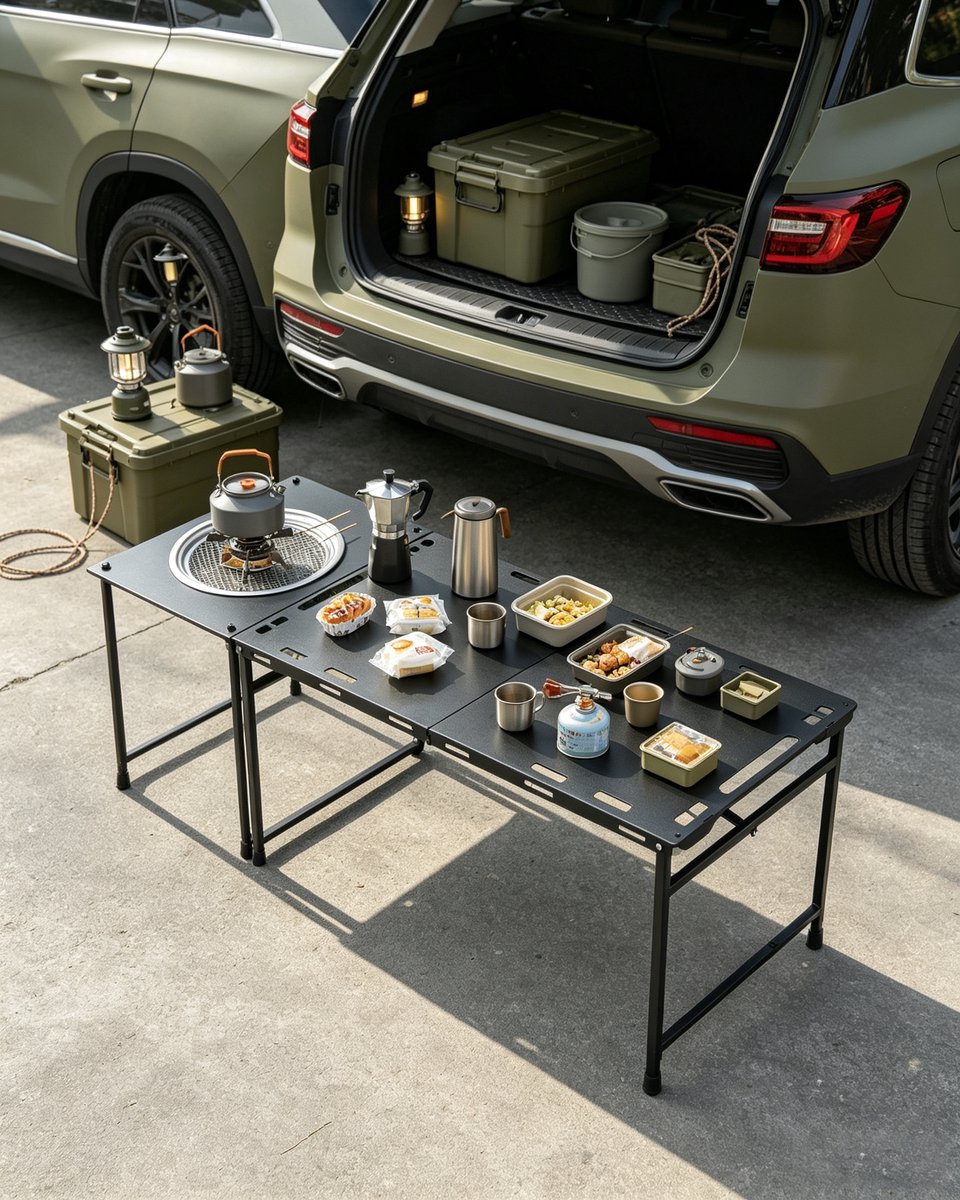 Hydraulisch/pneumatisch inklapbare barbecuetafel + grill geschikt voor buitengebruik afmetingen 143*48*50 cm Draagbare campingtafel lichtgewicht metalen barbecuetafel geschikt voor kamperen picknicks en barbecues zwart