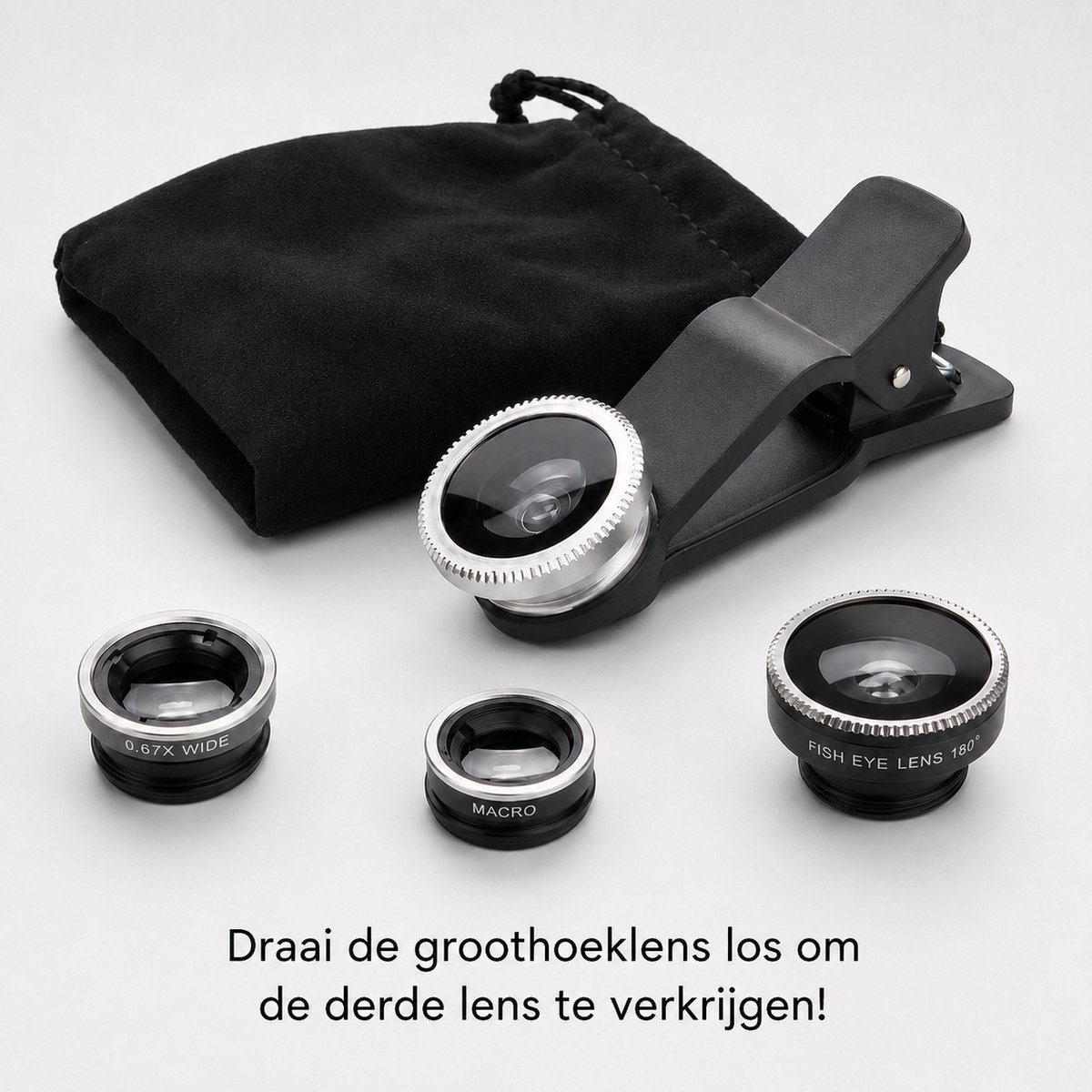 3-in-1 Smartphone Lens Kit - Fish-eye Wide Macro - Compact - Fish Eye lens Kit voor Smartphones / Telefoons - Zwart
