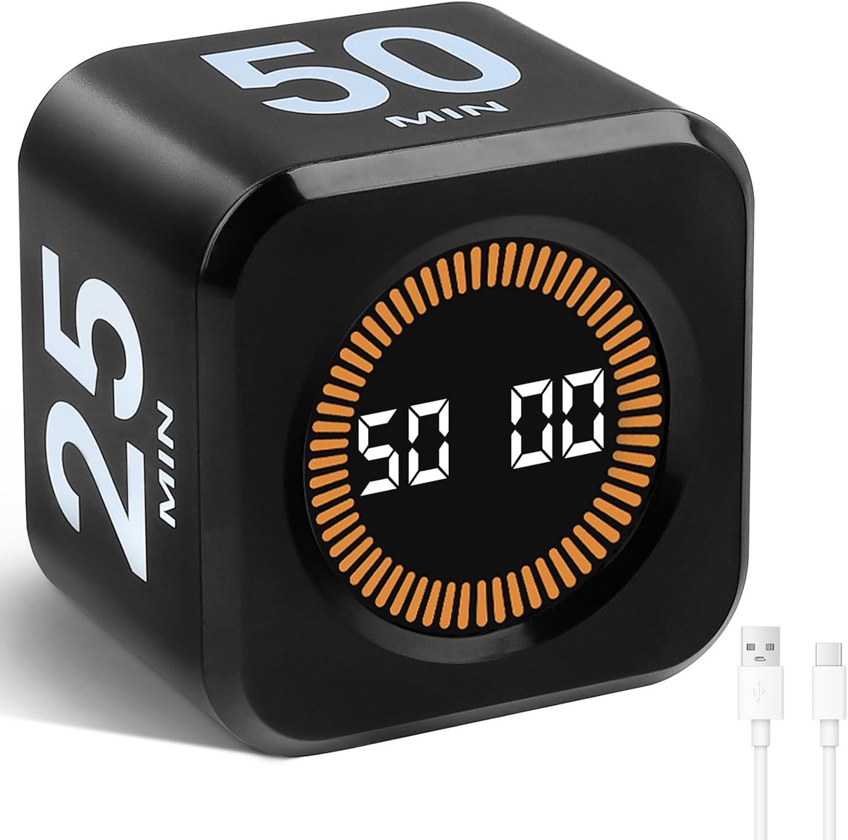 Kubus Visuele Timer, Rotatie Pomodoro Timer, 5/10/25/50 Minuten & Custom Countdown, Aanpasbare Tijdopslag, Mute & Ring Mode, USB C Oplaadbaar, voor Keuken, Vergaderingen, Bureau, Studie - zwart