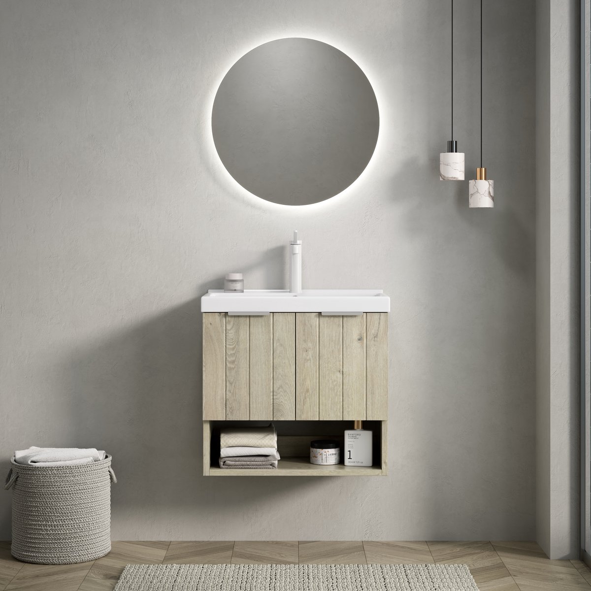 Hangend badkamermeubel met wastafel - Compact voor kleine badkamer - 55 cm - Crème eiken & wit - Gestreepte massief houten deuren en open legvak - Dempende sluiting - Voorgemonteerd