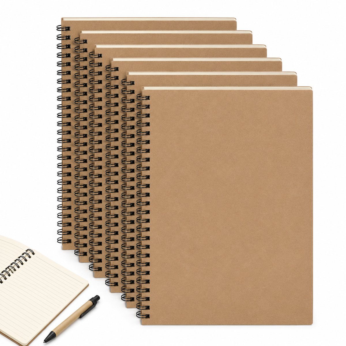Bobypet - Notitieboek 6 Stuks - Notitieboek A5 - Kraft 60 Vellen - Dubbele Spiraal - Voor School, Studie, Kantoor En Dagelijks Gebruik