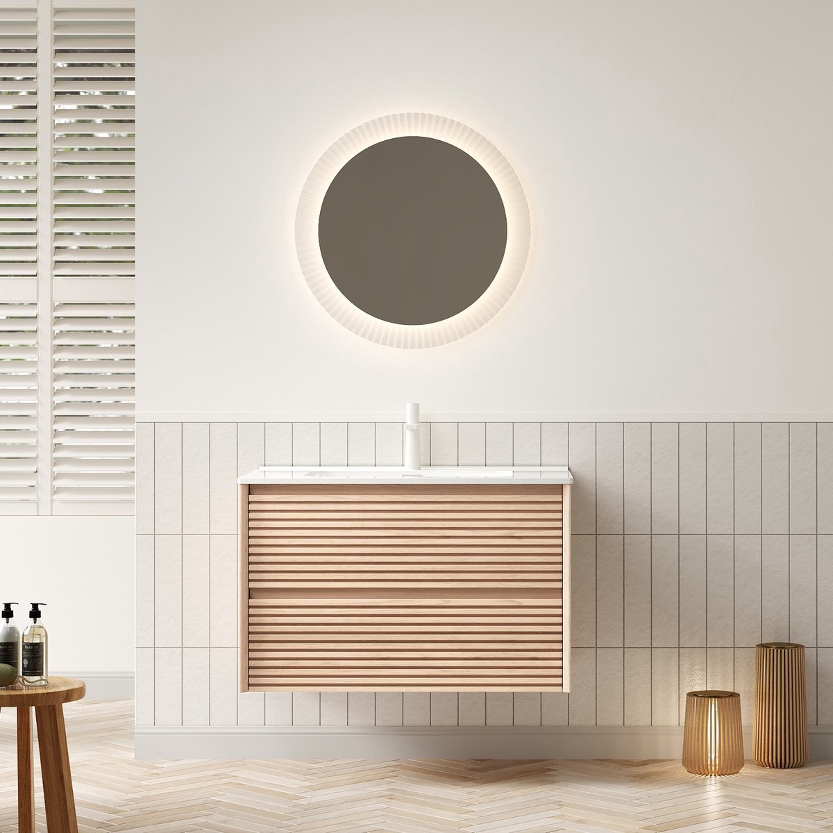 Wandhangend badkamermeubel met keramische wastafel - Frans gestreept design - 81 cm - Kaneel walnoot & wit - 2 soft-close lades tot 30 kg - Vochtbestendig multiplex - Voorgemonteerd