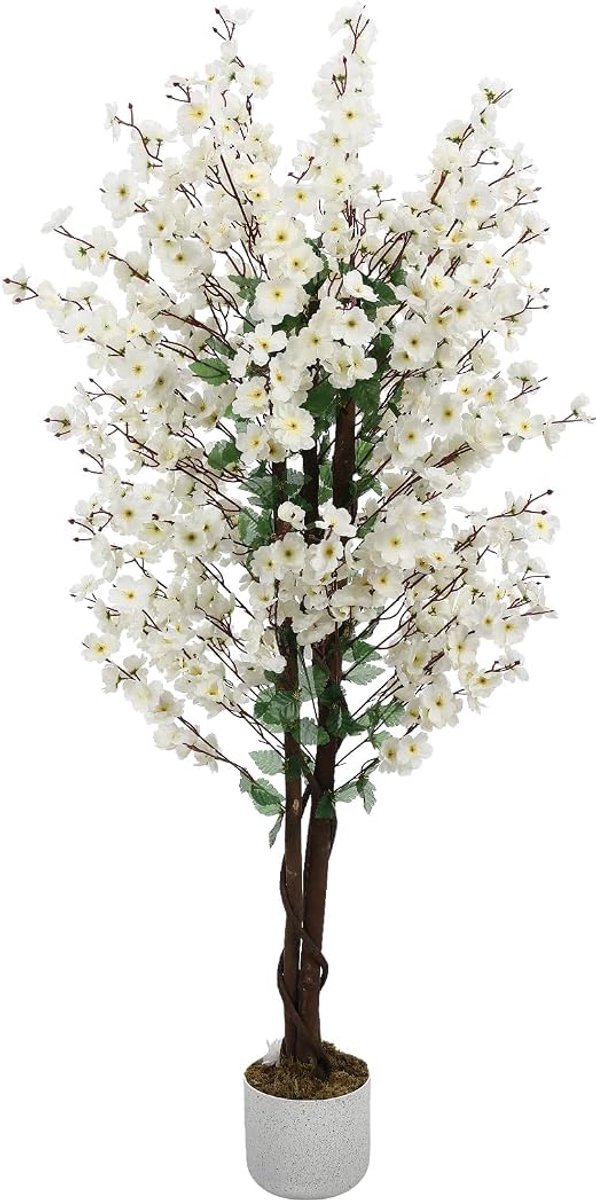 HOERFURIY kunst winters pruimenbloem 150cm witte polyester bloemen - inclusief verzwaarde pot voor woonkamer entree kantoor decoratie