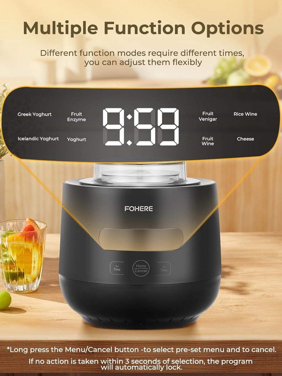 FOHERE B20T1 Yoghurtmaker – 8 Programma's – 2 XXL Glazen Potten 2L & 1,4L – 4 Keramische Bekers – Griekse Yoghurt & Kaas – Zwart