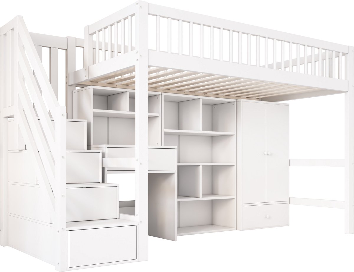 MUVANO Kinderbed - Hoogslaper - Eenpersoonsbed - Multifunctioneel Bed - Met Bureau - Met Kledingkast - Met Trap - Opbergruimte - Kinderkamer - 90x200cm - Ruimtebesparend - Wit