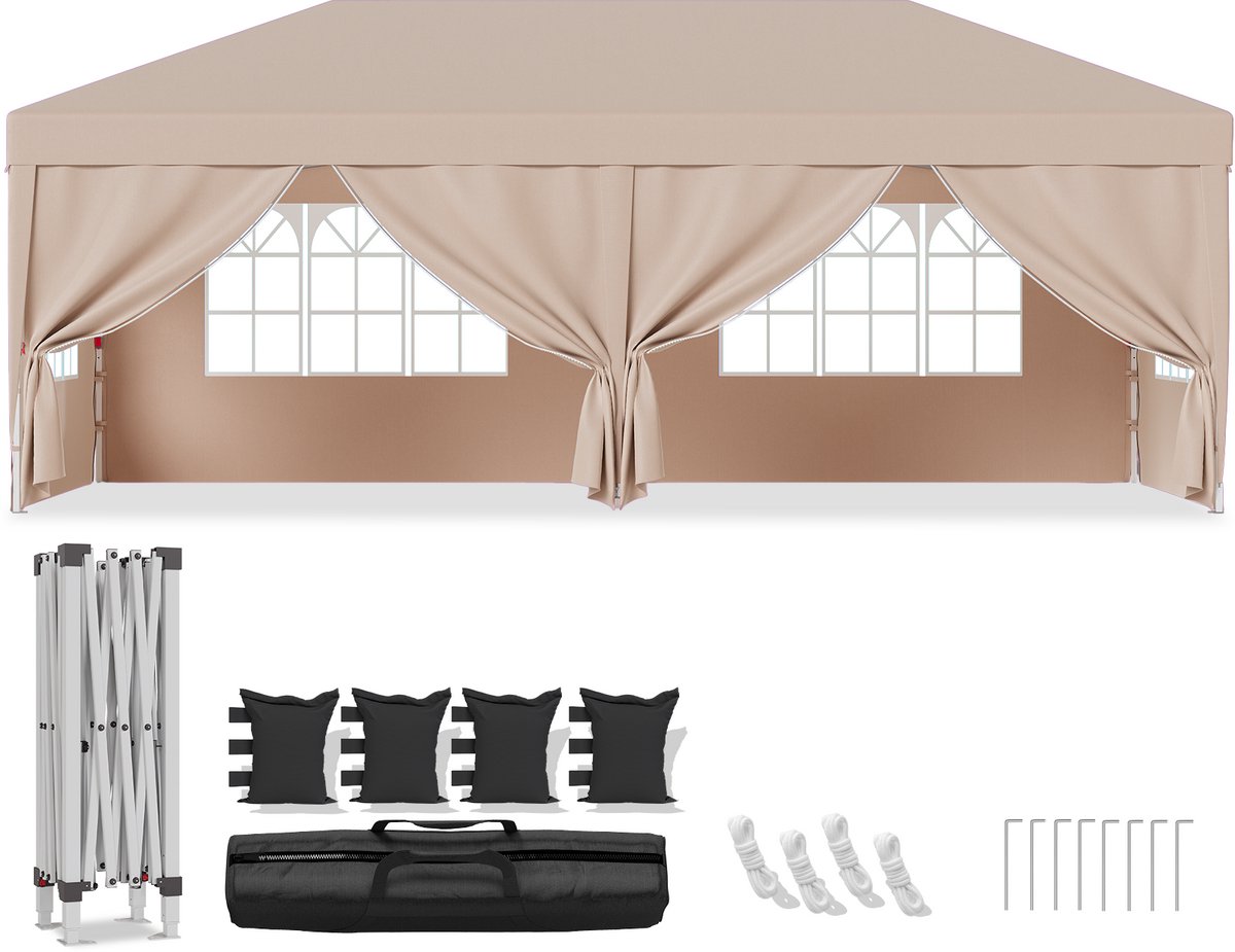 Partytent-Opvouwbaar Tuinpaviljoen 3x6 m met Zijwanden–30 seconden pop-up opzet-Waterdicht & UV-bestendig–opbergtas–Beige
