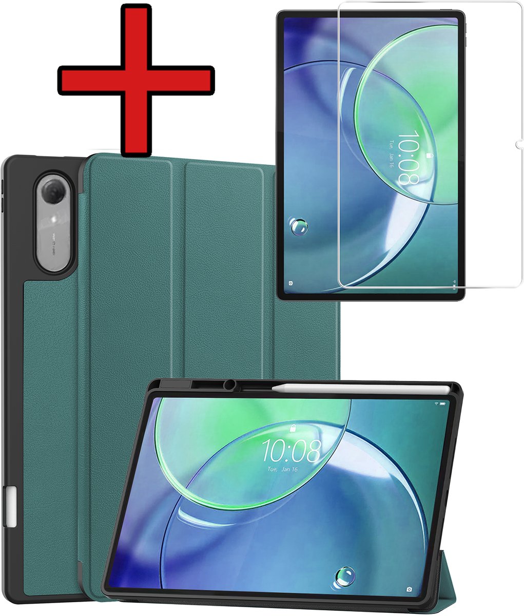 Hoesje - Geschikt voor Lenovo Idea Tab Pro Gen 2 - Met Screenprotector - Trifold Bookcase Hoes - Hard Cover Case - Met Uitsparing Geschikt voor Lenovo Pen - Hardcover Book - Tablethoes - Donkergroen