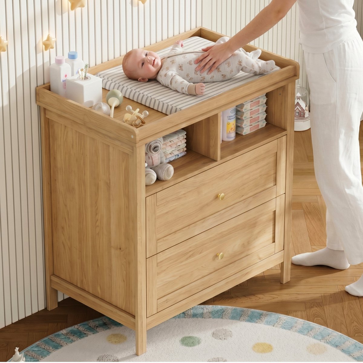 Sweiko Ledikantcommode - Luiertafel - 2 lades - Houtlook - 82 x 50 x 90 cm - Natuurlijke houtkleur (zonder matrasje)