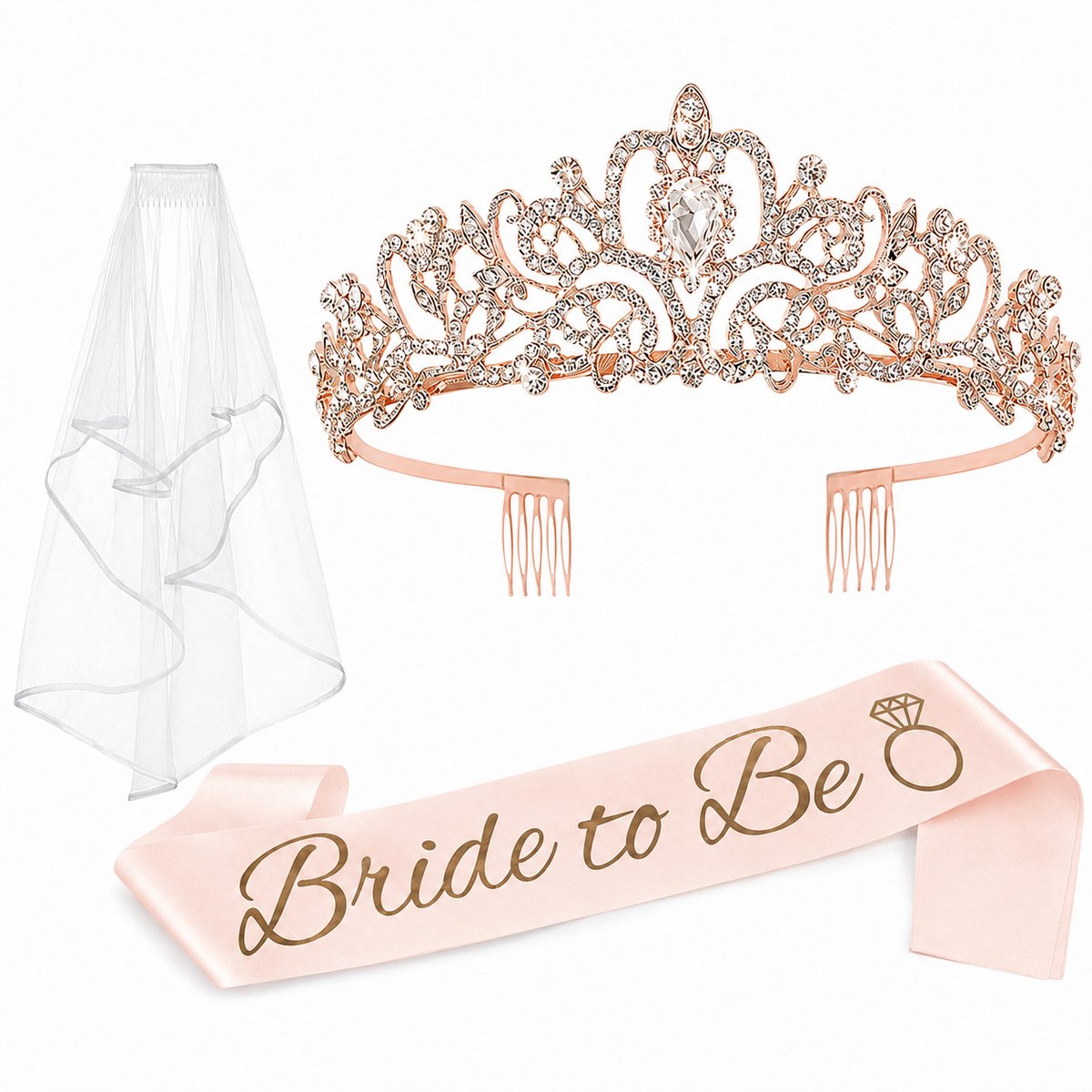 Gloovon - “Bride to be” Vrijgezellenfeest Vrouw Set - 3 Stuks Pakket met Tiara, Sluier en Sjerp - Accessoires voor Bruiloft en Bridal Shower - Roségoud