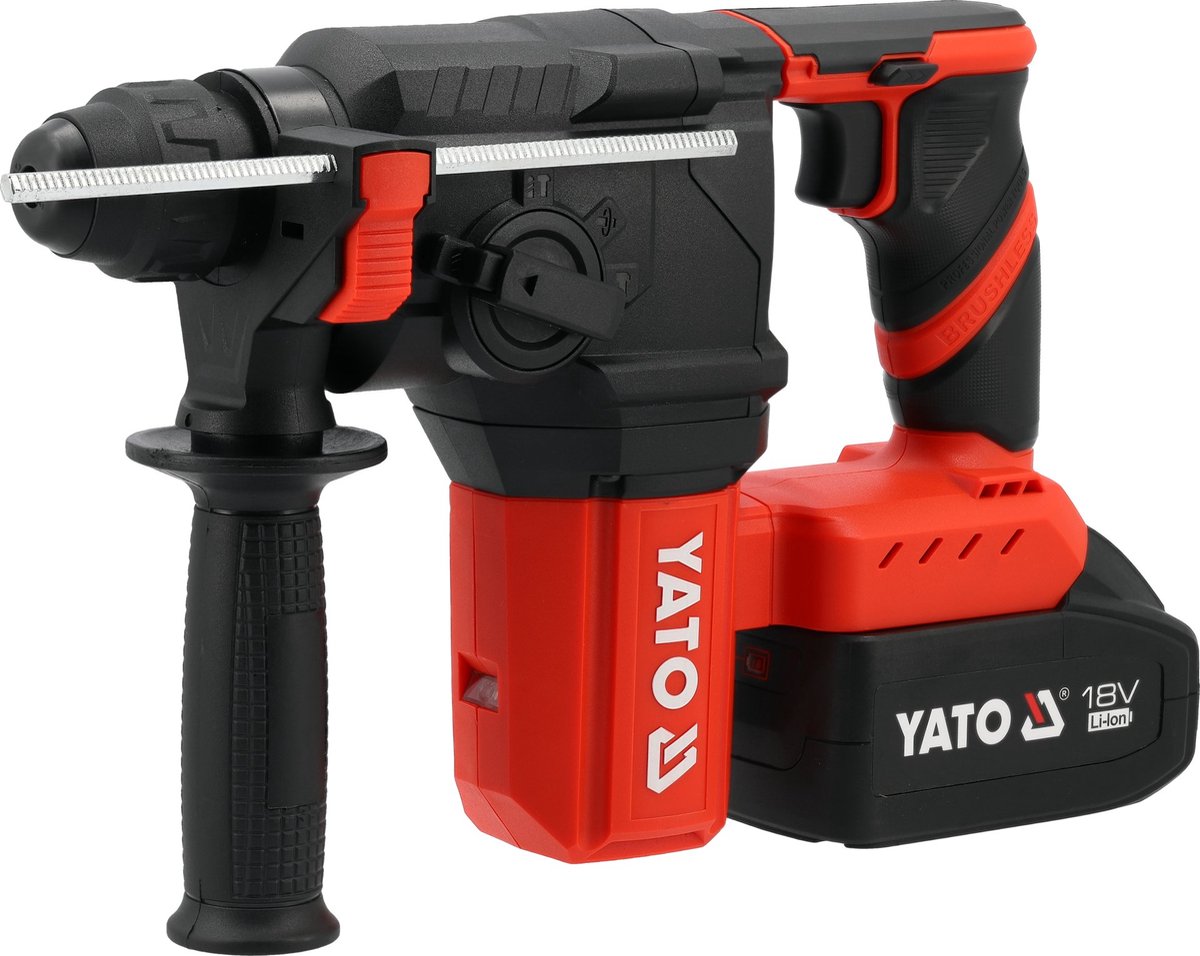 YATO 18V Brushless Accu Boorhamer SDS-Plus - 2.5 Joule - Koolborstelloos - 4-Functies Combihamer met LED Verlichting - Inclusief Extra Handgreep & Diepteaanslag 2 Accu's