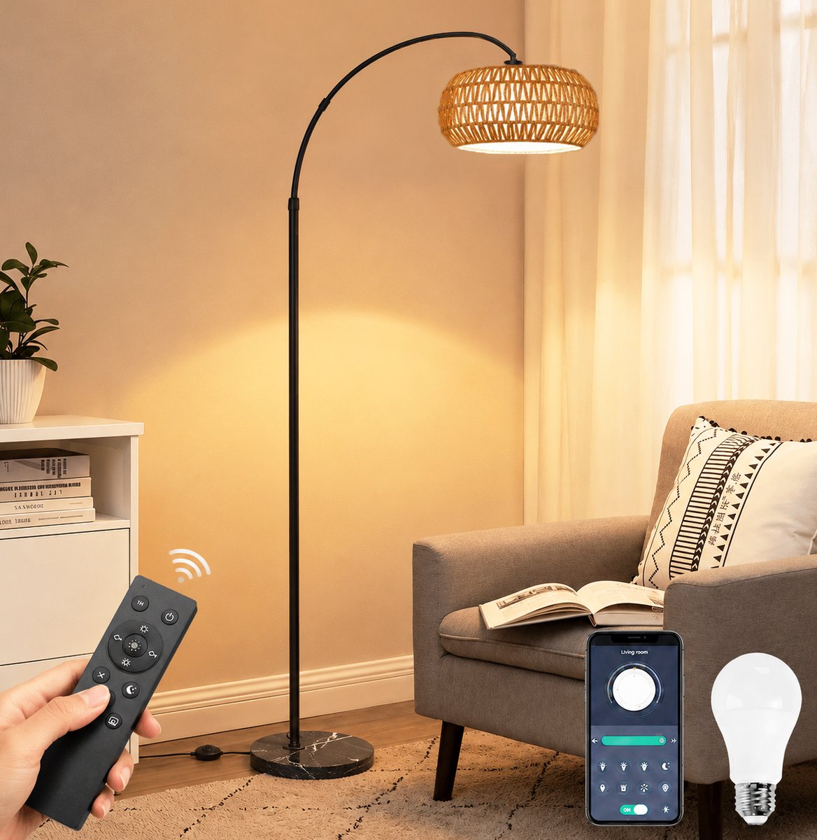 Lapamax Rotan Booglamp - Boho Vloerlamp Dimbare- Staande Lamp met Afstandsbediening & APP- Hoogte Verstelbaar 185 cm & 360° Draaibare Arm - 3 Kleurtemperaturen & Voetschakelaar - hoeklamp Voor Slaapkamer Woonkamer Slaapkamer