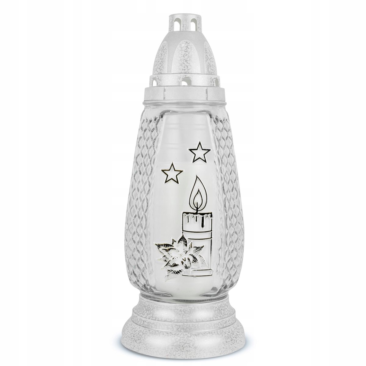 Zilverkleurige kerstkaarslantaarn 30 cm met verwisselbaar inzetstuk