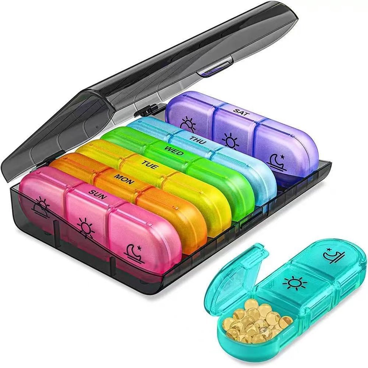 Pillendoos voor een week - Afgesloten pillendoos - Platte pillendoos - Gekleurde pillendoos - Pillendoos met 4 vakjes - 15,6*12*5 cm - Geschikt voor het bewaren van medicijnen, vitamines, visolie, enz. - Veelkleurig