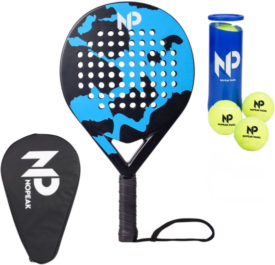 Een blauw-zwart padelracket met camouflageprint, Padel tas en 3 padel ballen.