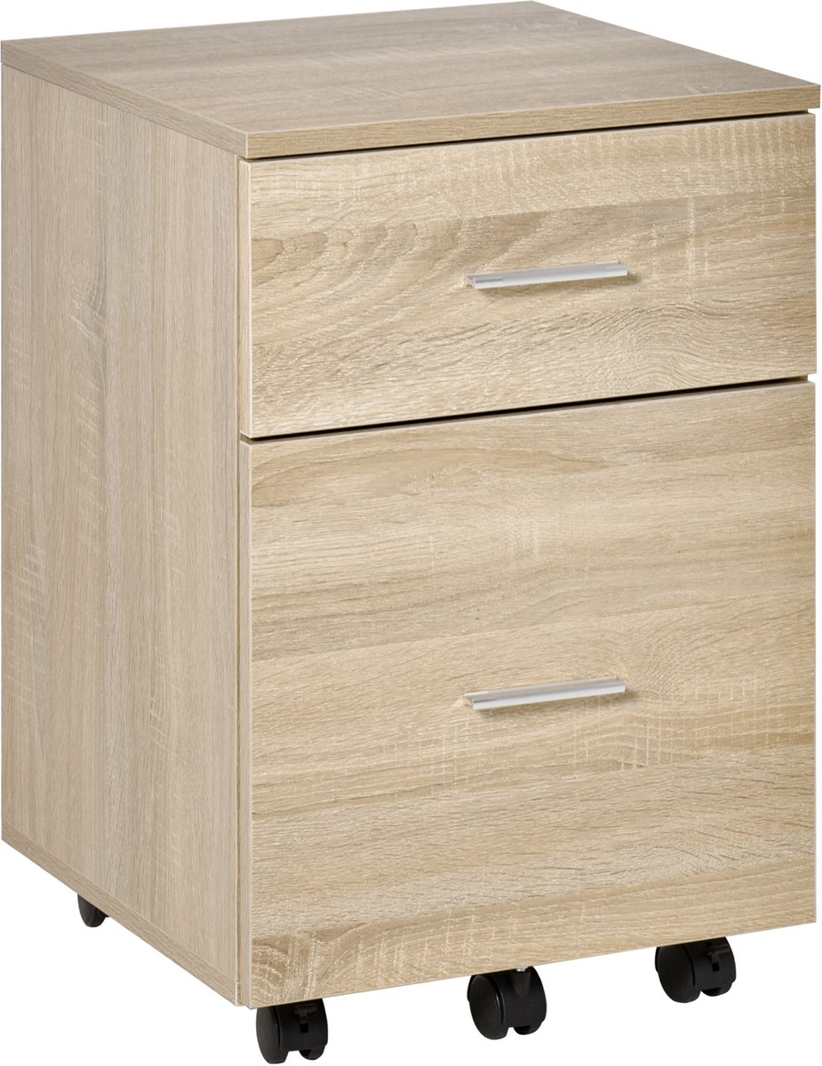Mobiele archiefkast met 2 laden - 5 wielen - spaanplaat - 39,5 x 39 x 58,5 cm - eikenhout