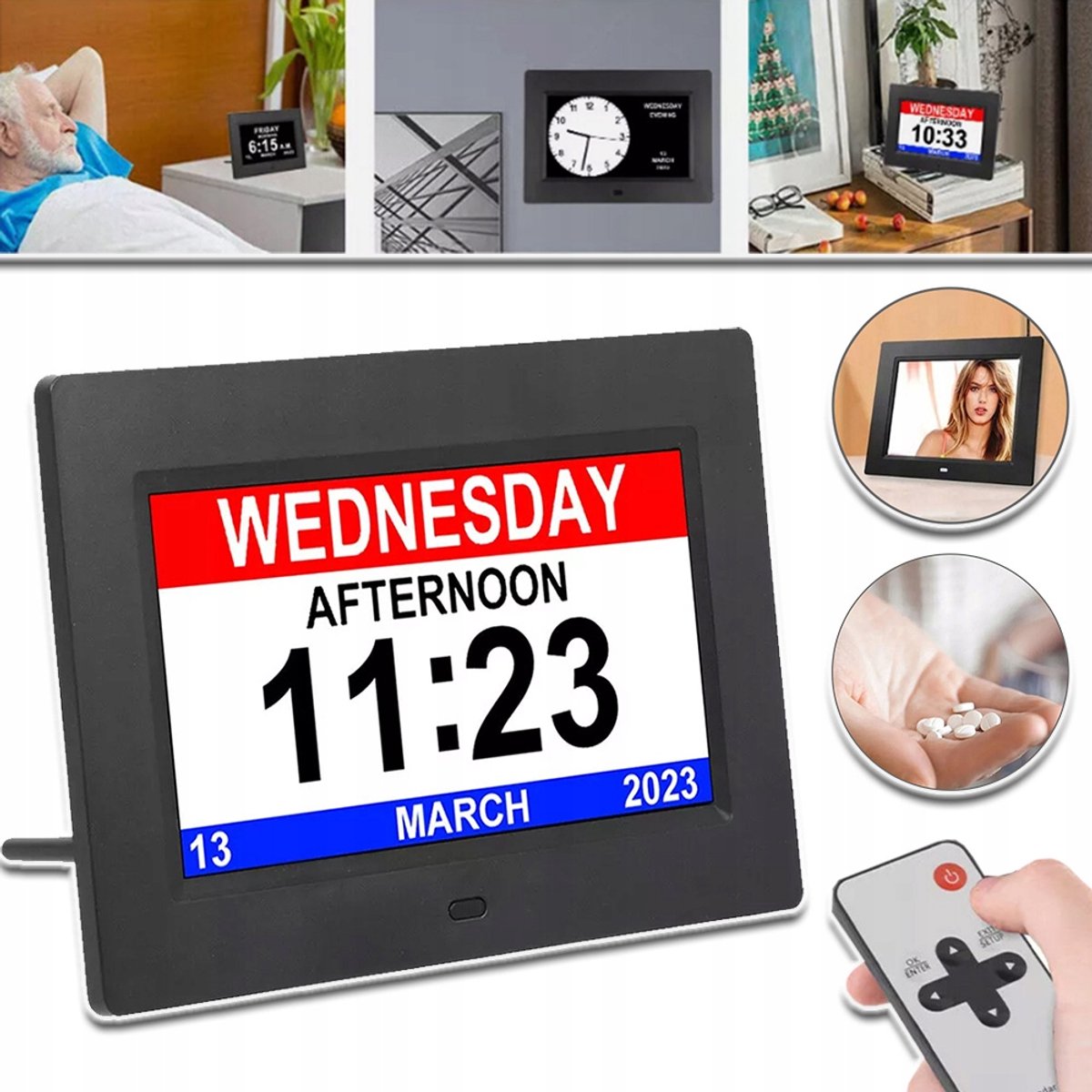 7-Inch LED Digitale Wekker Met Medicatieherinnering En Afstandsbediening - 3 Pillenwaarschuwingen Automatische Helderheid Wand-/Bureaumontage - Ideaal Voor Senioren En Ouderen