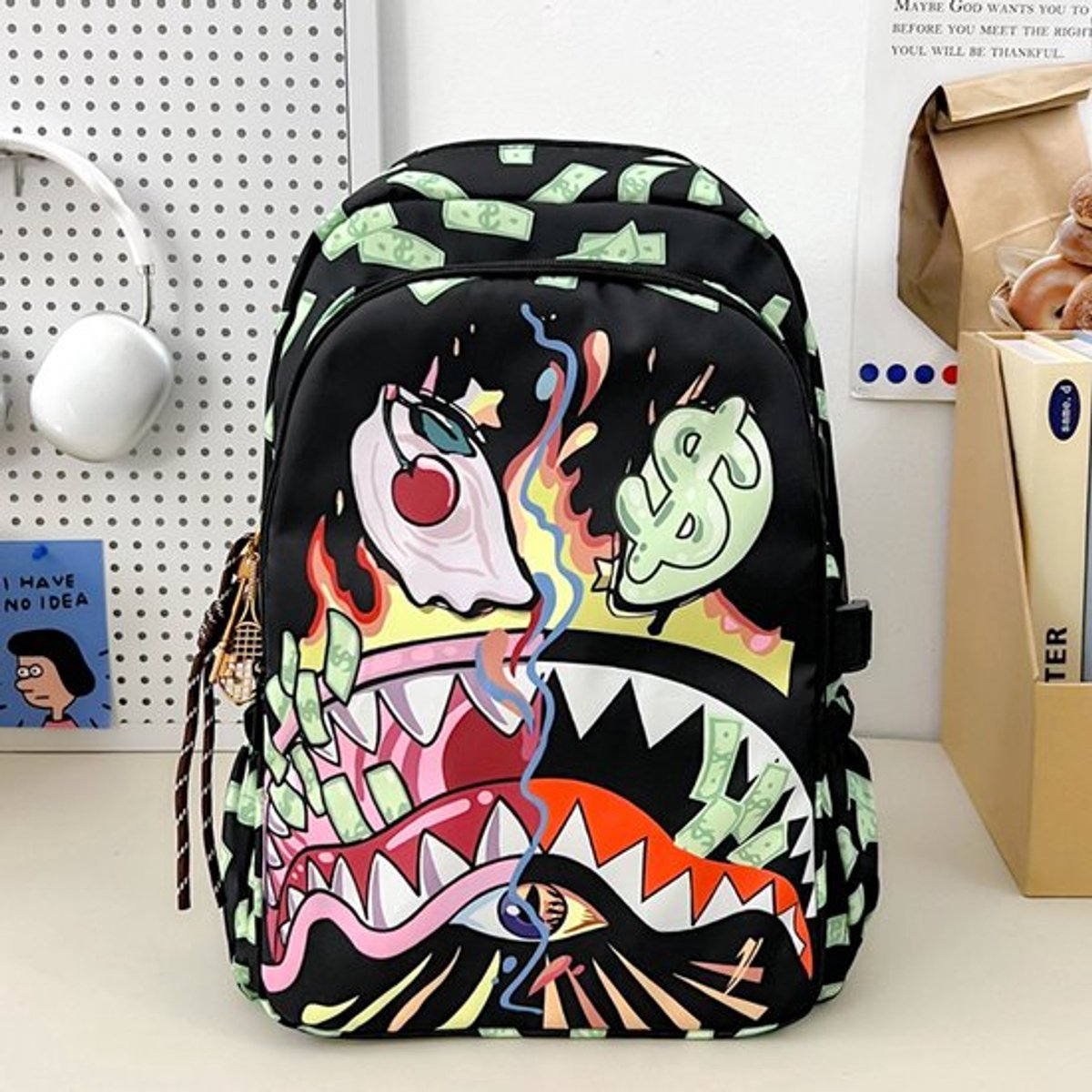 Loha party® Kinder Rugzak - Rugzak Jongens - Schooltas -graffitiprint - Ruime -Verstelbare Schouderbanden - tieners ,middelbare scholieren - zwart