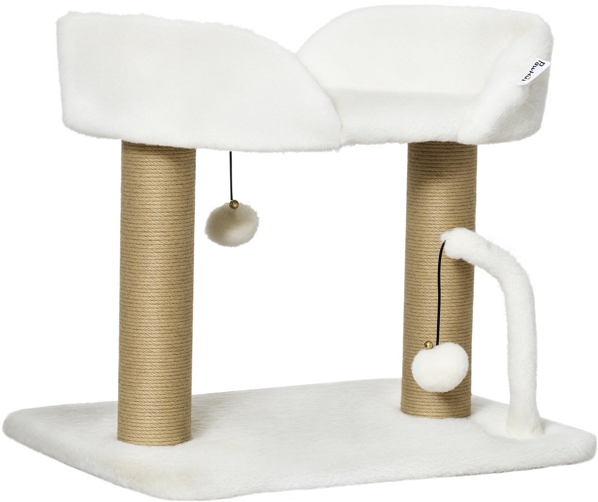 Modieuze krabpaalset – inclusief 2 hangende pluizenbolletjes – 2 sisalpaaltjes – pluche platform – 48 x 38 x 42 cm – beige sisal