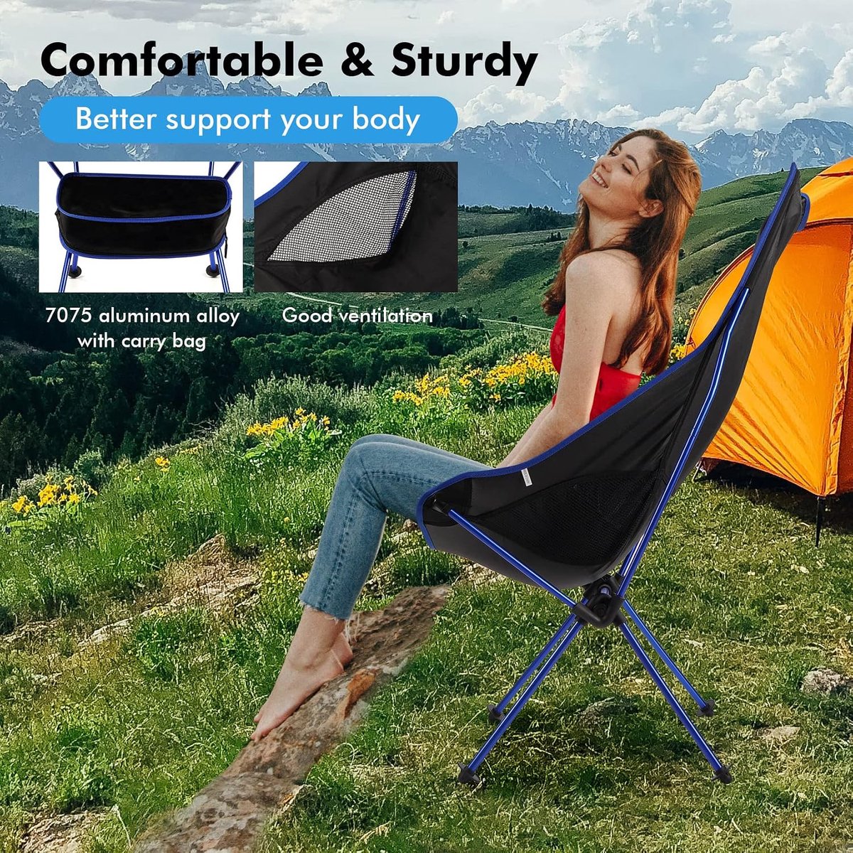 Draagbare Campingstoel - Opvouwbare Stoel met Hoge Rugleuning - Belastbaar tot 150 kg - Lichtgewicht Aluminium Frame - Afneembare Zachte Hoofdsteun - Compact met Opbergtas - Voor Kamperen, Vissen, Strand en Picknick — cadeau in Sport & Outdoor - foto 2