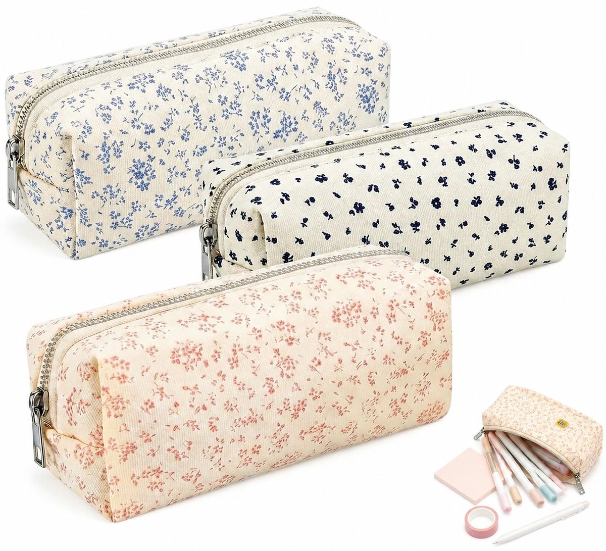 VHV - Grote Etui met Bloemenprint - Set van 3 - Esthetische Pennenzak voor Meisjes - Grote Capaciteit Stationery Pouch - Schoolspullen & Make-up Tas - Roze - lichtblauw en blauw