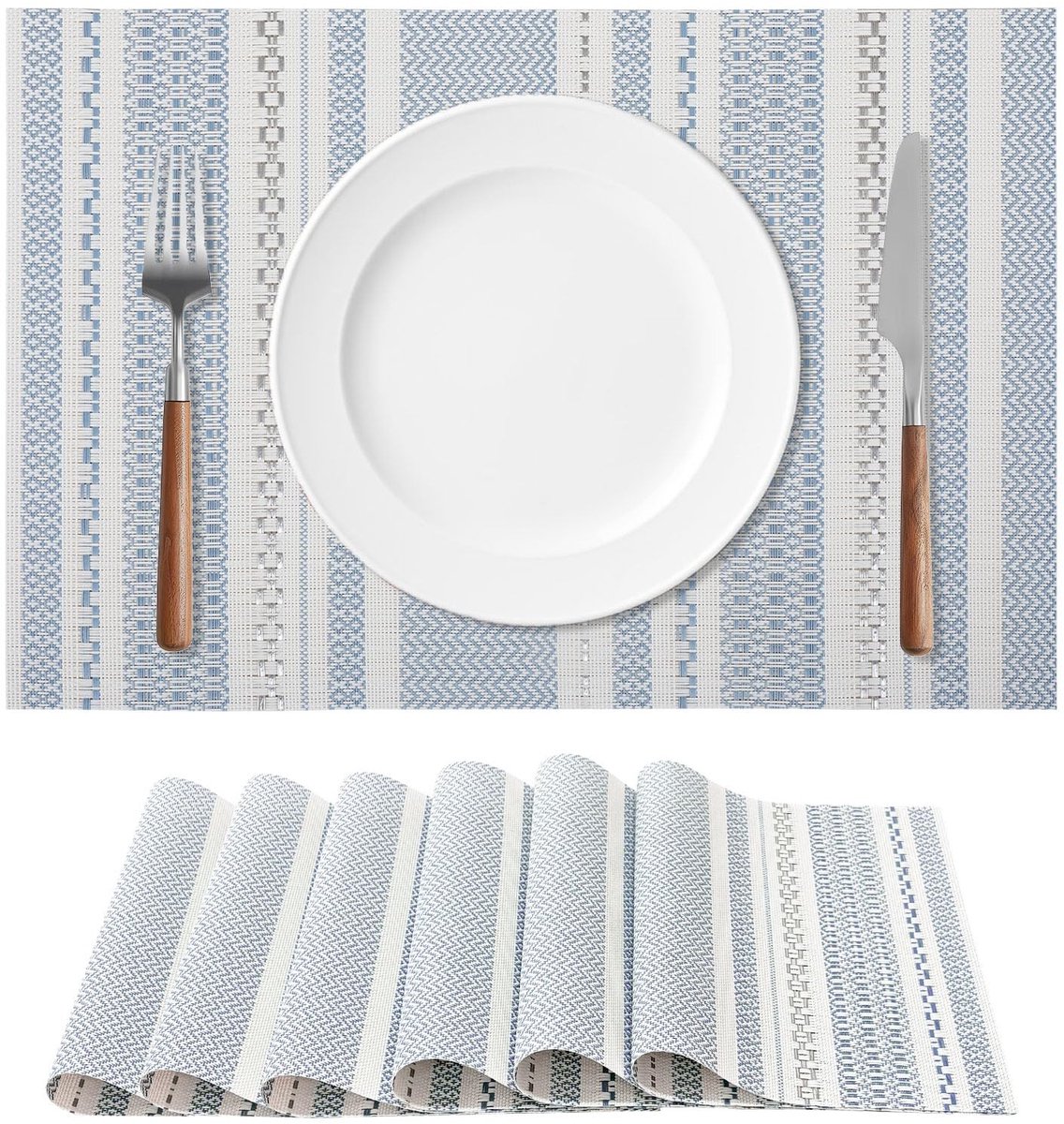SolidKeus - Set van 6 Blauwe Boho Vinyl Placematjes, Hittebestendig en Wasbaar