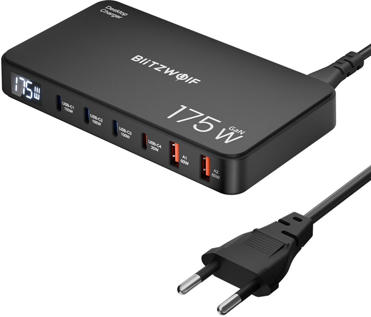 BlitzWolf BW-S30 175W USB-C USB-A Snellader – 6-Poorts PD Laadstation met LCD-Display – 4x USB-C + 2x USB-A – QC – Zwart
