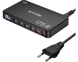 BlitzWolf BW-S30 175W Chargeur Rapide USB-C USB-A – Station de Charge PD 6 Ports avec Écran LCD – 4x USB-C + 2x USB-A – QC – Noir