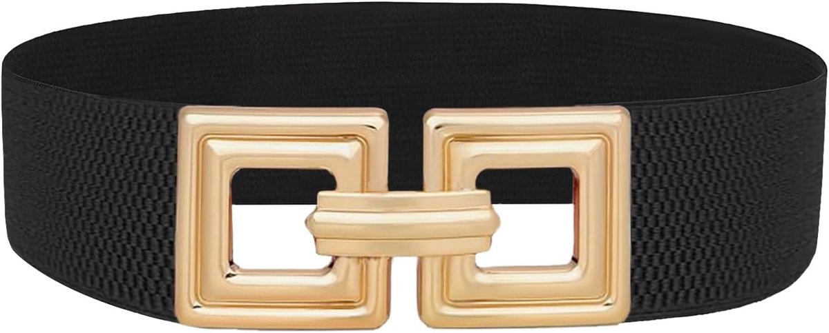 Brede Elastische Riem voor Vrouwen met Gesp - Retro Stijl in Zwart en Goud, Perfect voor Jurken, Jassen en Jeans, Verstelbaar van 60 tot 115 cm