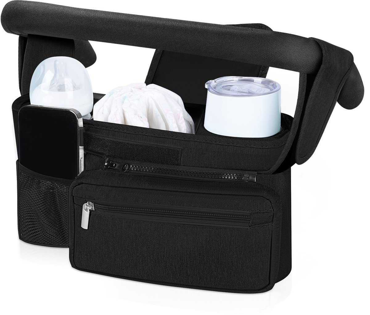 Kinderwagen Organizer - Universele Kinderwagen Organizer met Geïsoleerde Bekerhouder - Compacte Tas Buggy - Opbergtas - Box Tas - Voor Kinderwagen en Buggy - Luiertas - Met Afneembare Telefoontas en Schouderriem – Zwart
