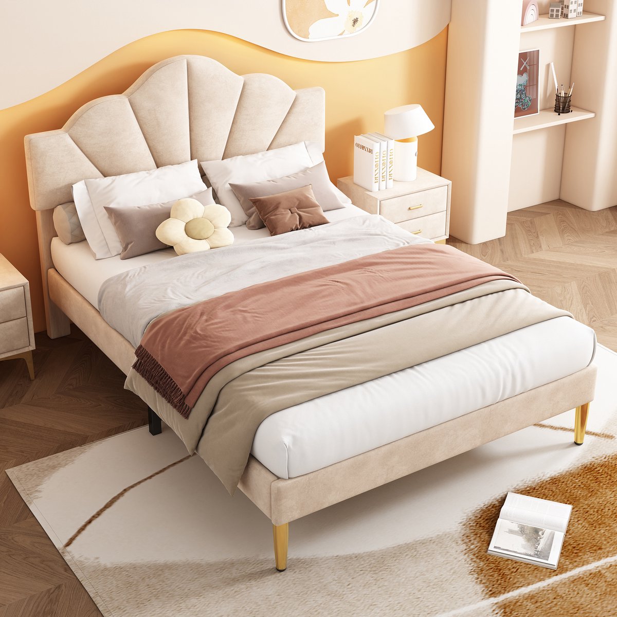 Gestoffeerd bedframe - voor matras 140 x 190 cm - beige - met lattenbodem - matras niet inbegrepen - voor de slaapkamer - dagelijks gebruik