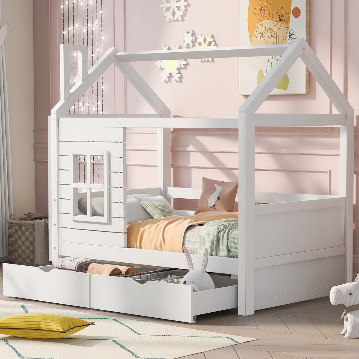 Kinderbed - wit - met USB-aansluiting en opbergruimte en lattenbodem - maximaal belastbaar 150 kg - matras niet inbegrepen - voor de slaapkamer