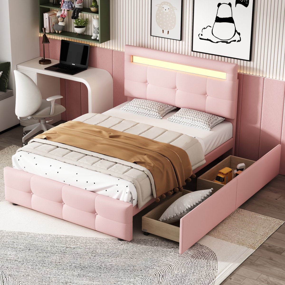 Kinderbed - voor matras 90 x 200 cm - roze - met LED-verlichting en opbergruimte en lattenbodem - matras niet inbegrepen - voor de slaapkamer