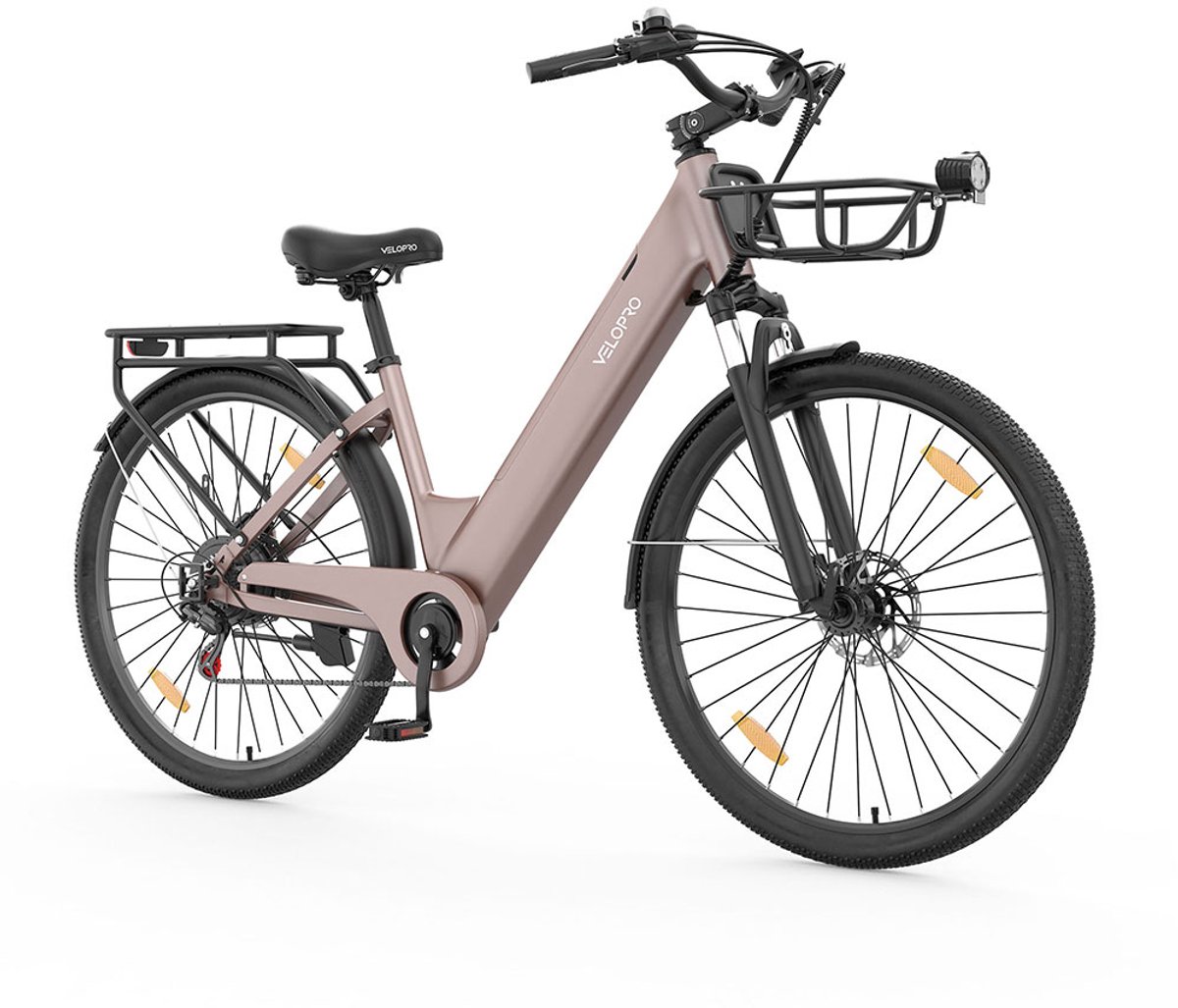 SmarAI C1 Pro Elektrische Stadsfiets 28 Inch - 250W Motor - 36V18Ah Accu - Extra Groot Bereik tot 120 km- Shimano 7 versnellingen - Verende Voorvork - Inclusief Fietsmand en Slot-Champagne Goud