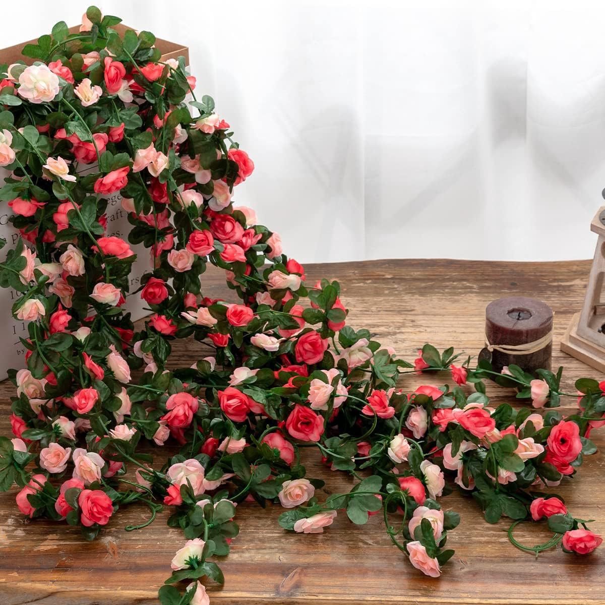 Kunstbloemen – Roze Rozenrank – Set van 10 – 2,4 Meter Lange Rozen Slingers – Realistische Kunstrozen – Bruiloft Decoratie, Tuin, Muur & Interieurversiering