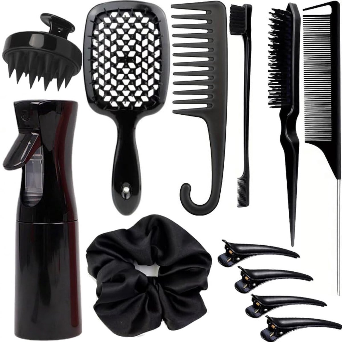casalora-12-delige haarborstelset – met spuitfles – voor nat & droog haar – krullend & steil haar – hoofdhuidmassage borstel – edge brush – wijdgetande kam – rattail kam – （zwart） – geschikt voor kinderen & volwassenen