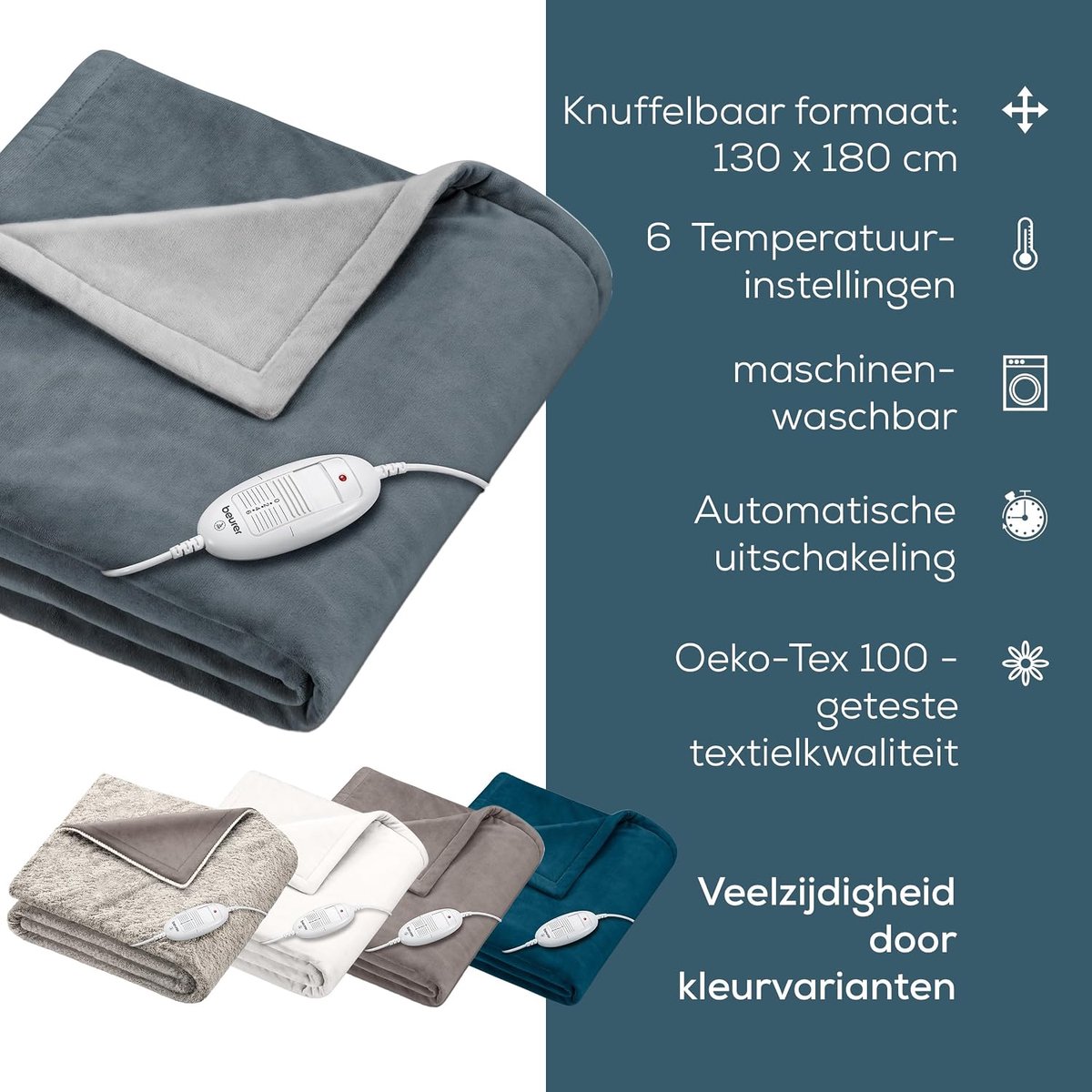 Elektrische Deken – 180 x 130 cm – 6 Warmtestanden – Automatische Uitschakeling – Wasbaar – Fleece