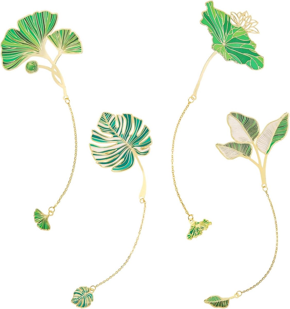 Set van 4 metalen boekenleggers met bloemen en bladeren - Ginkgo, banaan, lotus en monstera - Perfect cadeau voor lezers, schrijvers en docenten