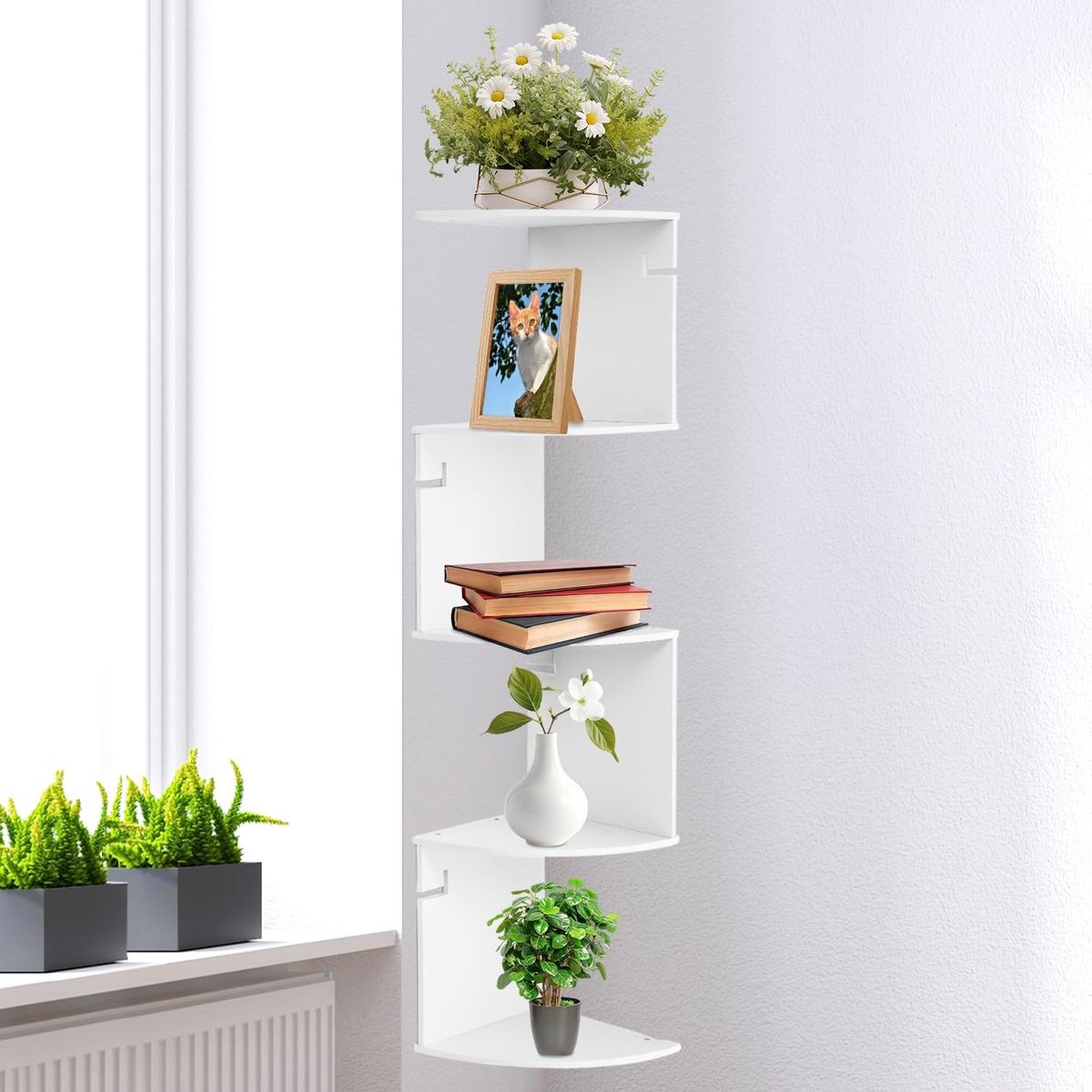 Vijflaags wandplank voor in de hoek - Witte hoekplank voor boeken, planten en decoratie